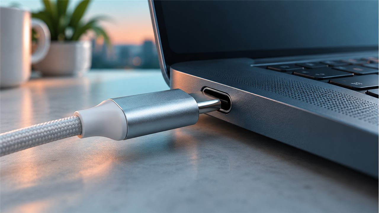 USB-C连接端口与金属接触边缘的品牌细节摄影